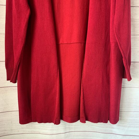 Pointelle Long Red Cardigan Sweater Open Front Folded Neckline Size Small - Picture 3 of 16